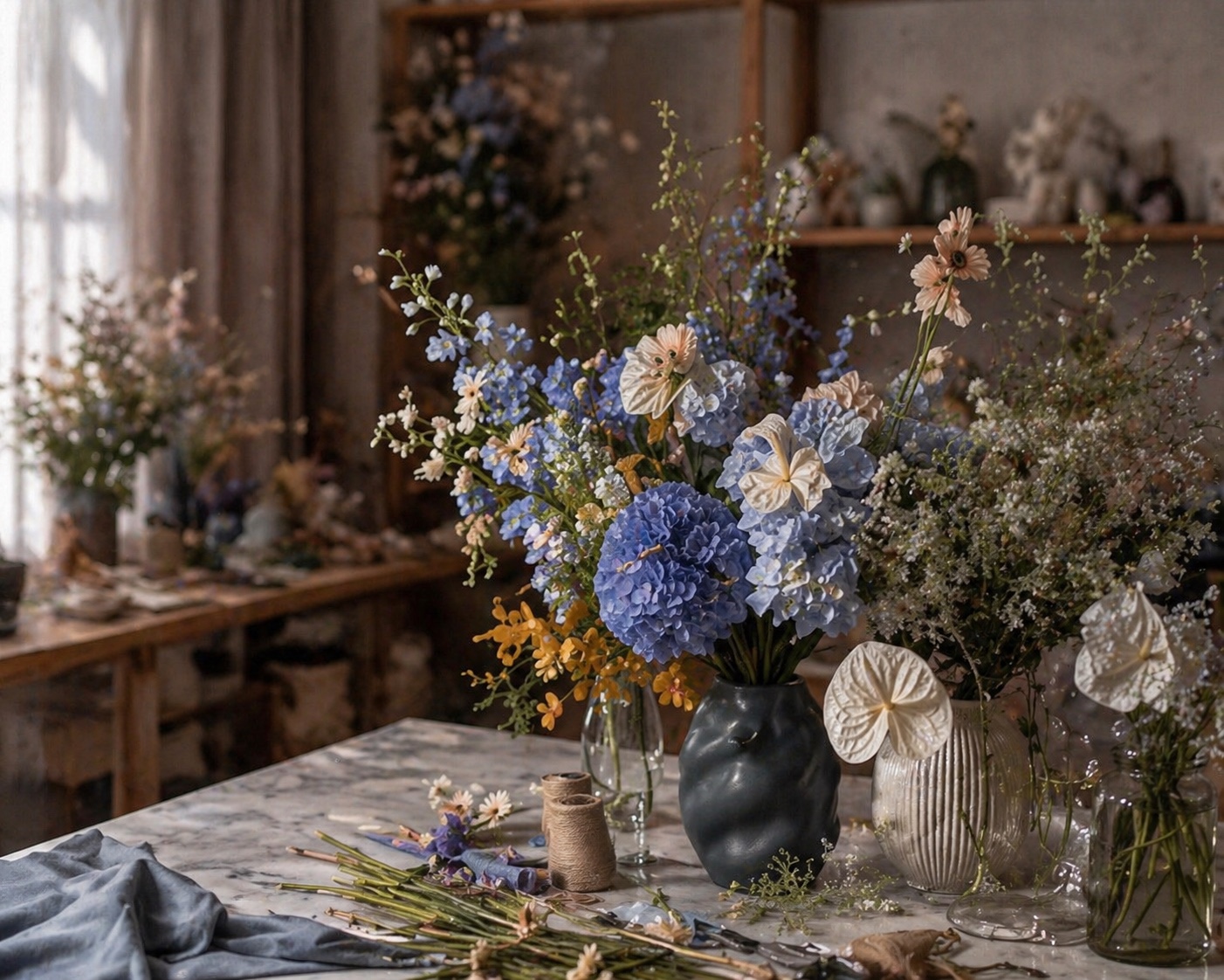 Mira Fleur atelier — blue hydrangeas, delphinium, and seasonal blooms on a marble work table, soft window light